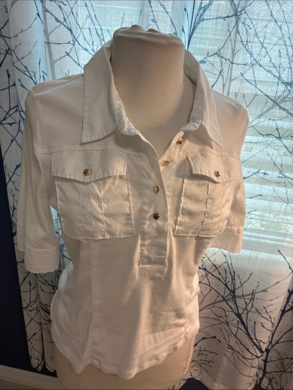 White House Black Market White Button-Pocket Polo Top